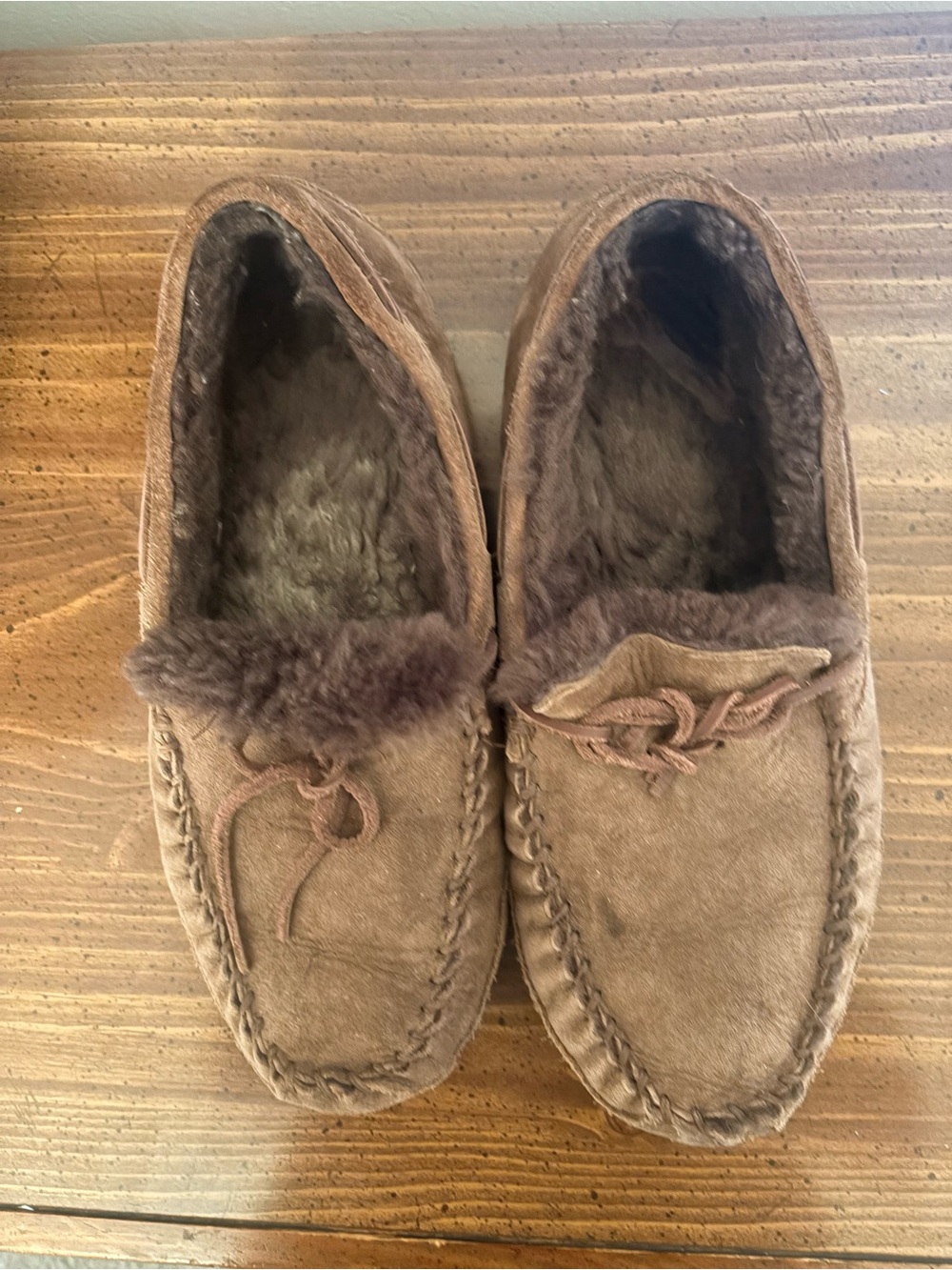 L.L. Bean Brown Suede Moccasin Slip-On Slippers Furry Lining Cozy Old Money
